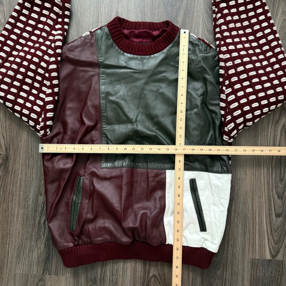 Italiano Vintage Mens XL Leather Colorblock Knit Hybrid Sweater Burgundy White - Picture 6 of 7